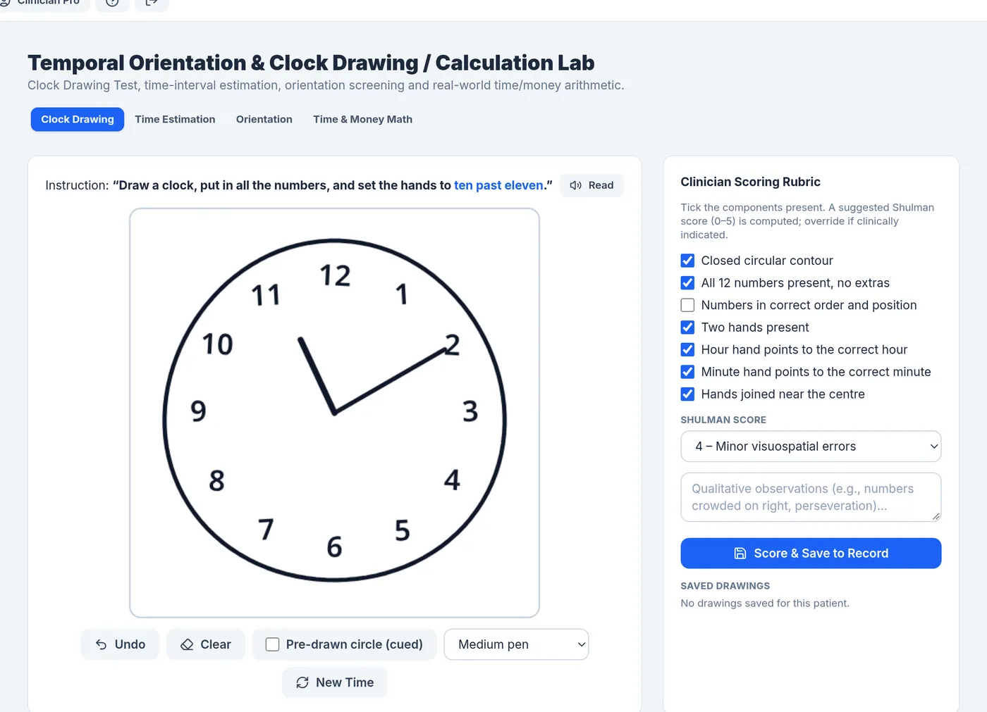 Screenshot of the Clock drawing & time module in the CogniStride studio.