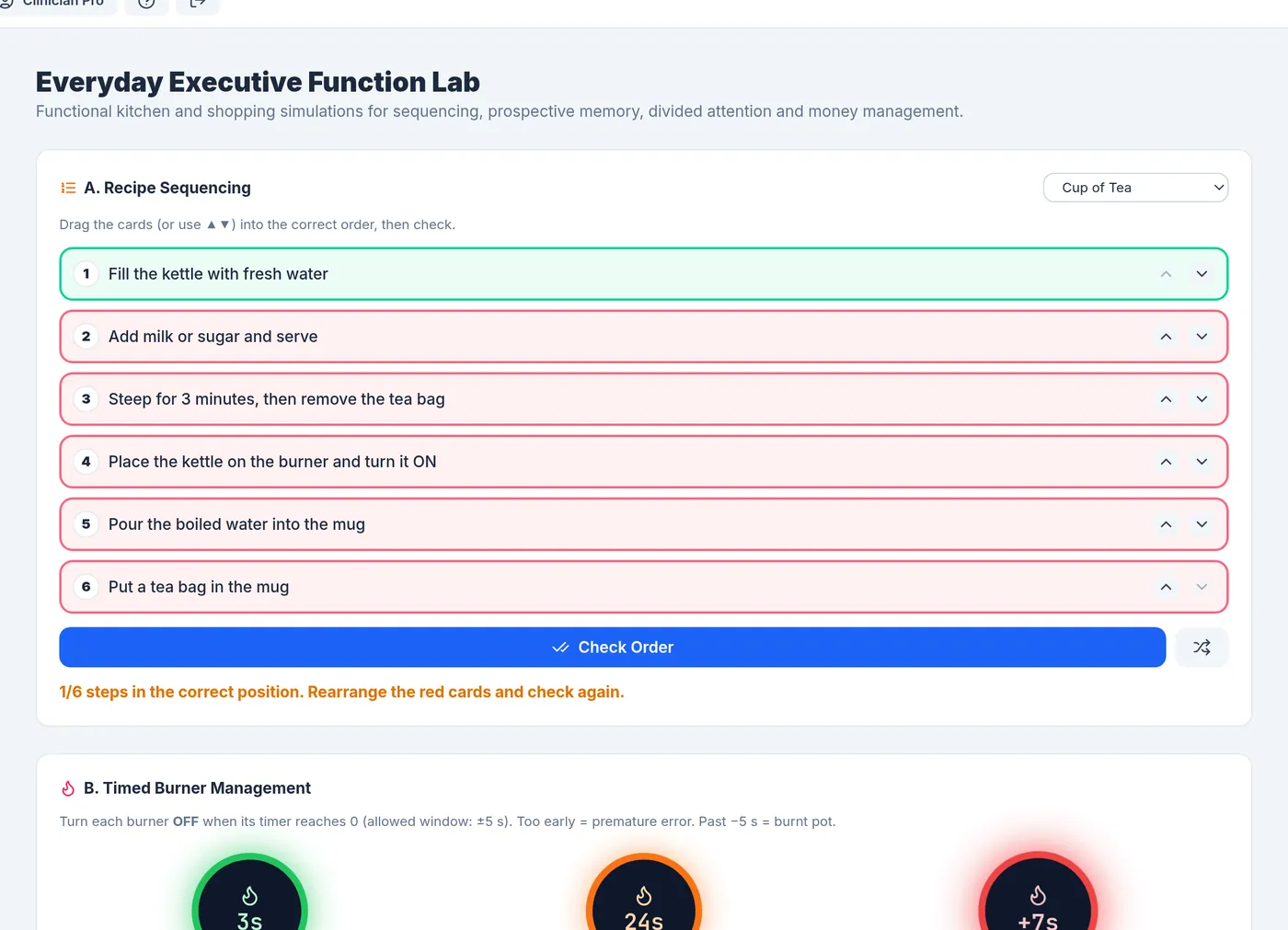 Screenshot of the Everyday tasks module in the CogniStride studio.