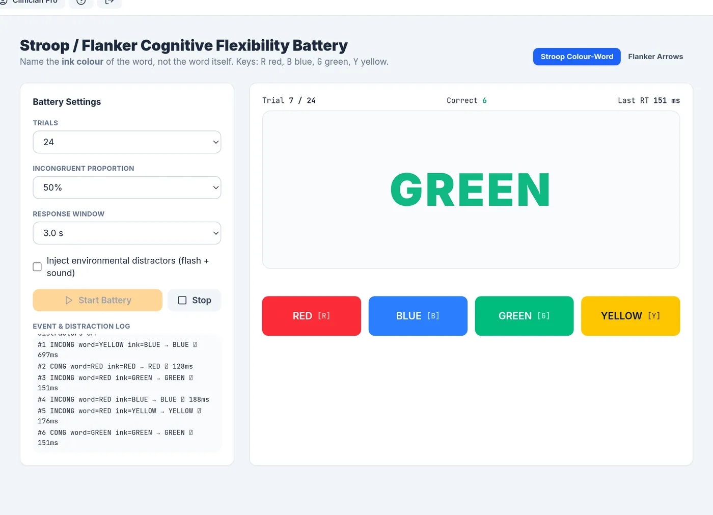 Screenshot of the Stroop & Flanker module in the CogniStride studio.