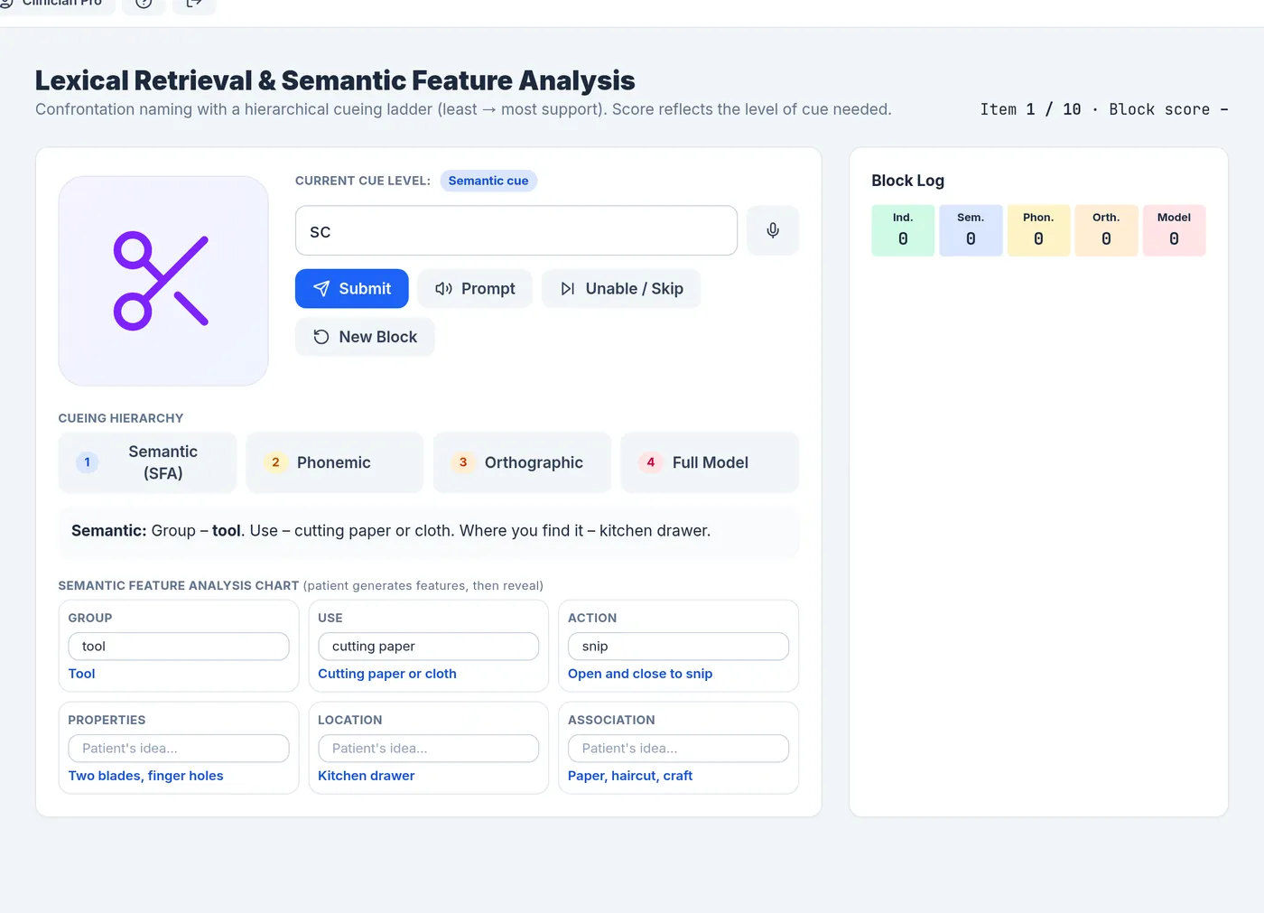 Screenshot of the Word finding (SFA) module in the CogniStride studio.